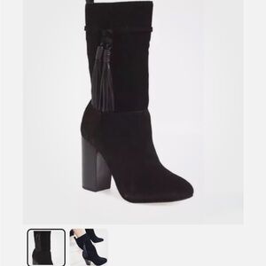 Vince Camuto Fermel Slouch Tassel Black Suede Leather Boots Mid Calf 7.5